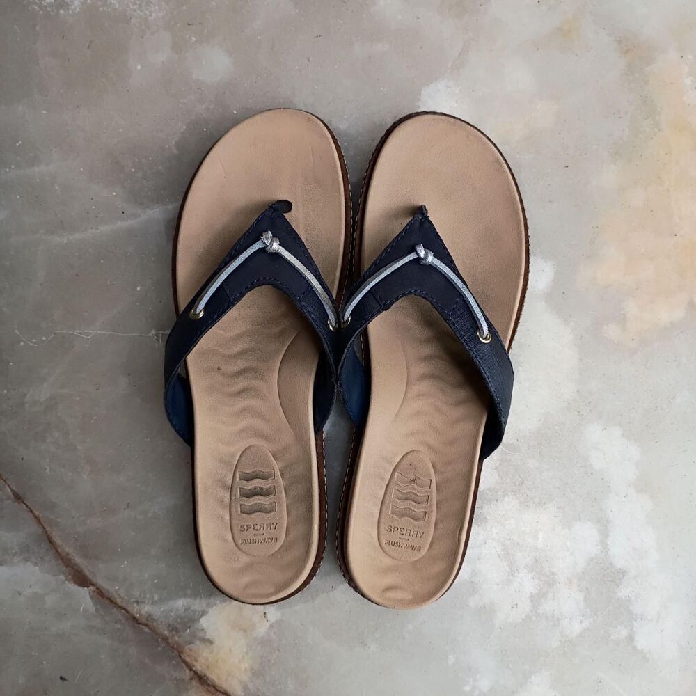 Sperry Women's Navy and Tan Flip Flops, Thong Sandals